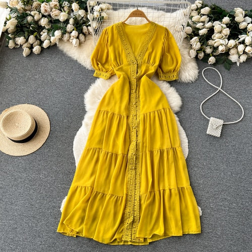 TEEK - Vintage Lace Puff Short Sleeve Dress DRESS theteekdotcom Yellow One Size 