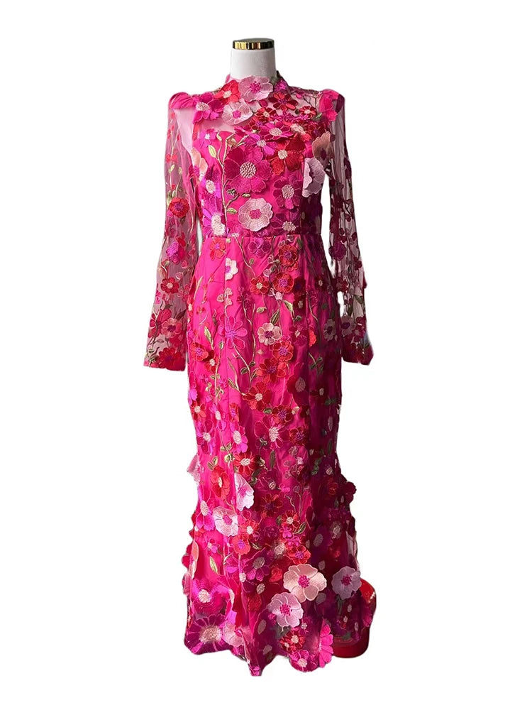 TEEK - Colorblock Floral Appliques Midi Dress DRESS theteekdotcom RED S 