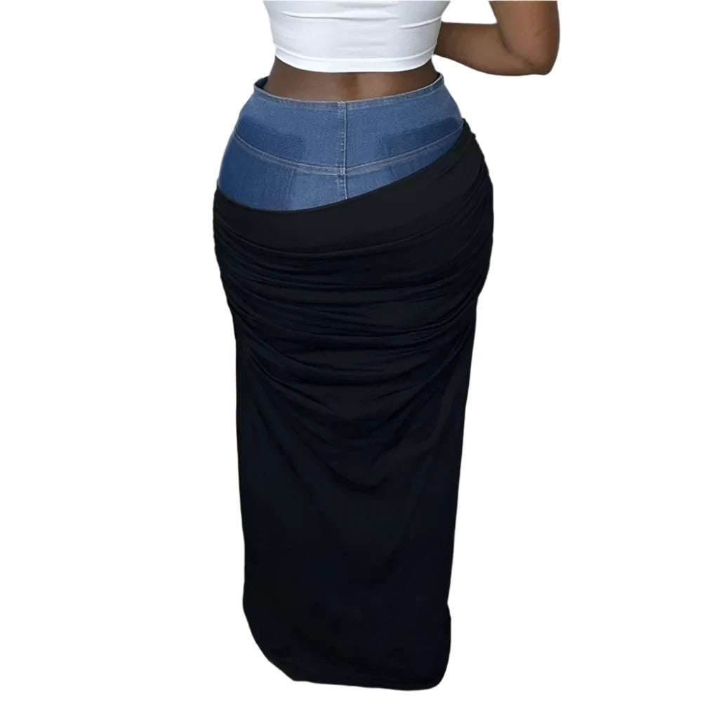 TEEK - Plus Size Black Denim Mixed Illusion Fold Skirt SKIRT theteekdotcom