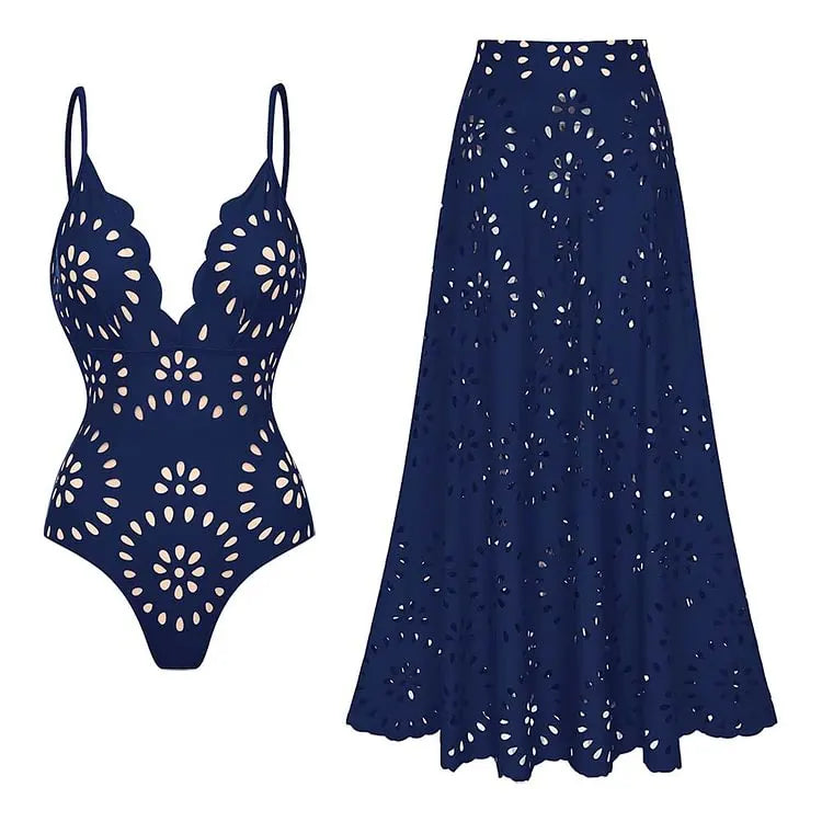 TEEK - Flower Hollow One Piece Swimsuit and Skirt