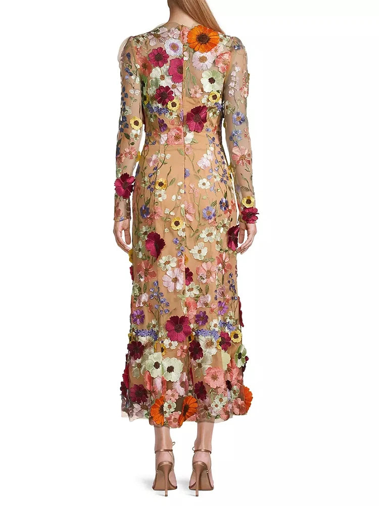 TEEK - Colorblock Floral Appliques Midi Dress DRESS theteekdotcom   