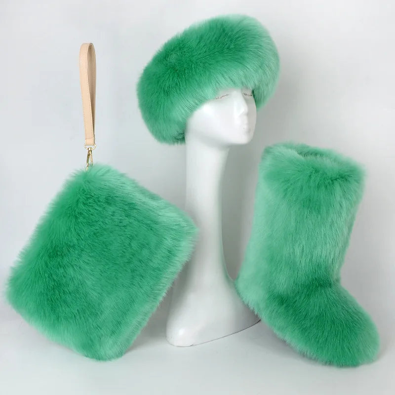 TEEK - Faux Fox Fur Snow Boots Velvet Headband Handbag Set SET theteekdotcom   