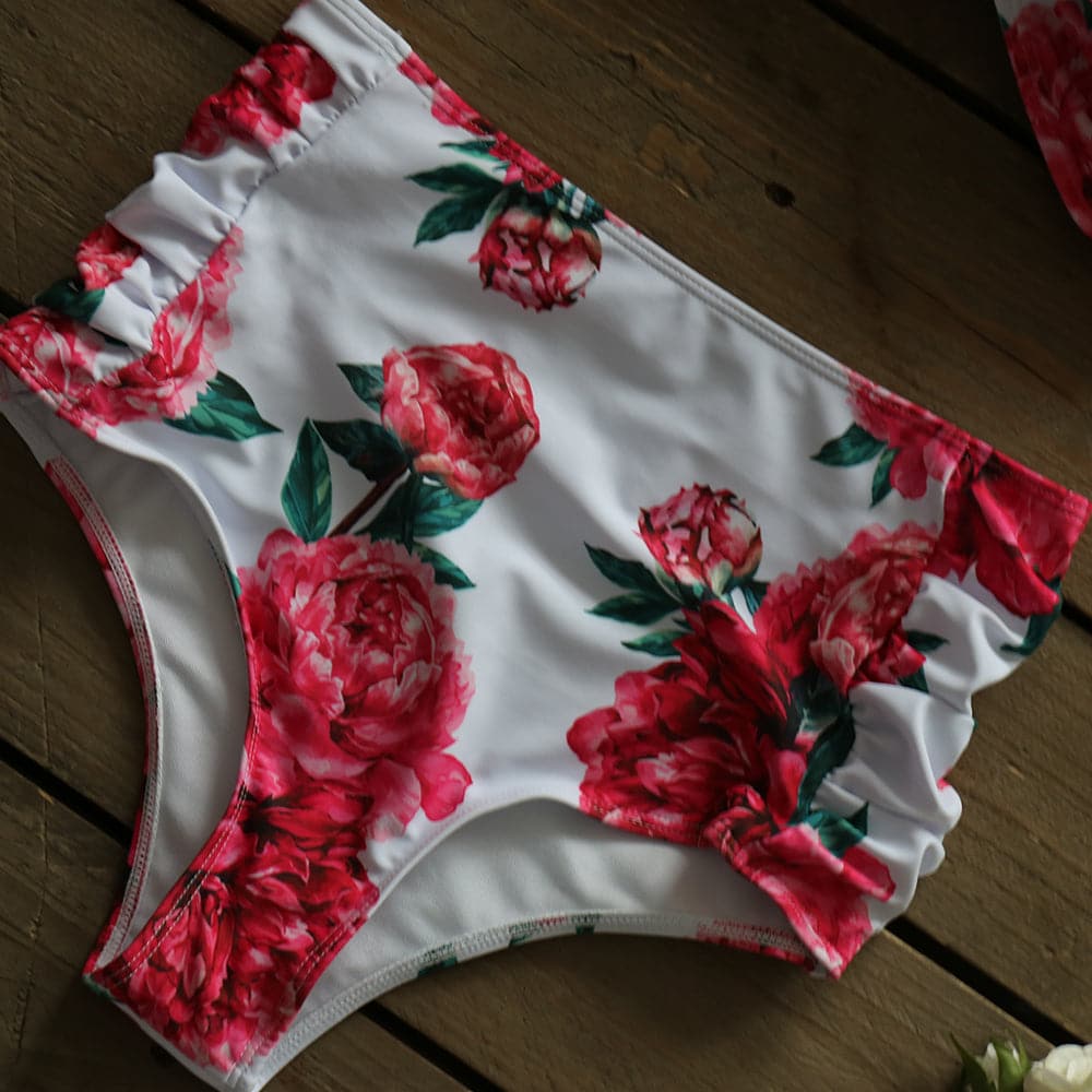 TEEK - Pink High Waist Floral Ruffle Bikini SWIMWEAR theteekdotcom   