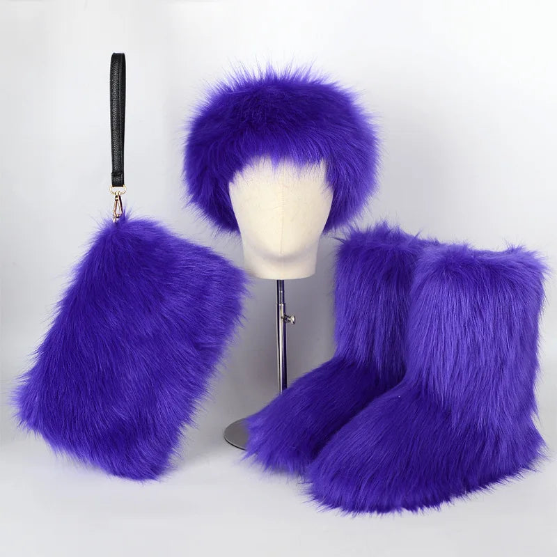 TEEK - Faux Fox Fur Snow Boots Velvet Headband Handbag Set SET theteekdotcom Purple 7.5 