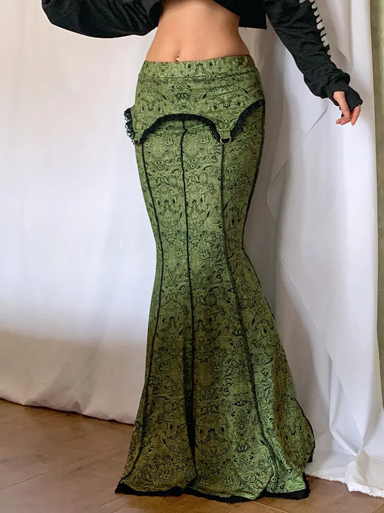 TEEK - Vintage Green Trumpet Long Skirt SKIRT theteekdotcom   