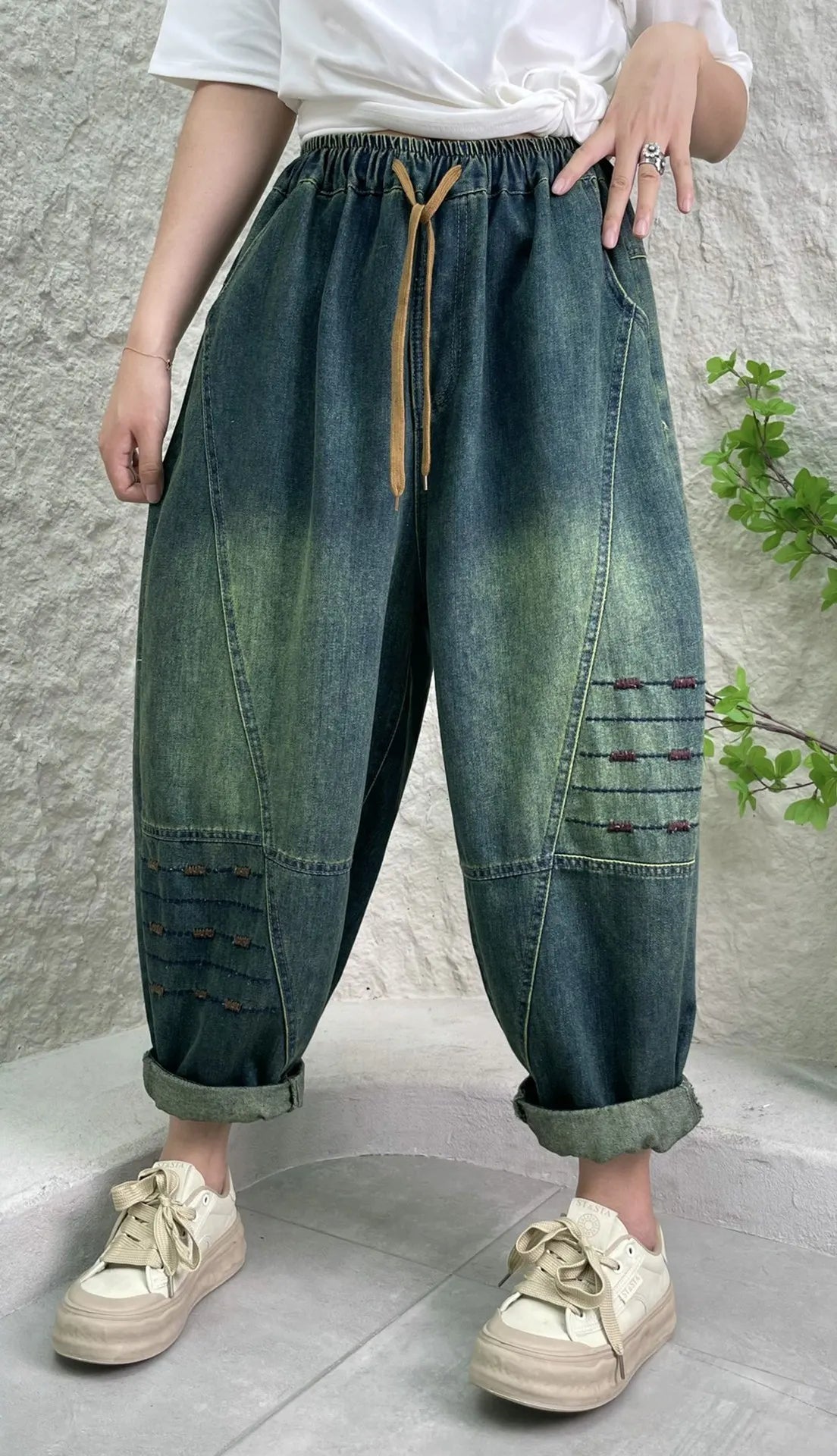 TEEK - Womens Minimalist Distressed Elastic Waist Denim Trousers PANTS theteekdotcom   