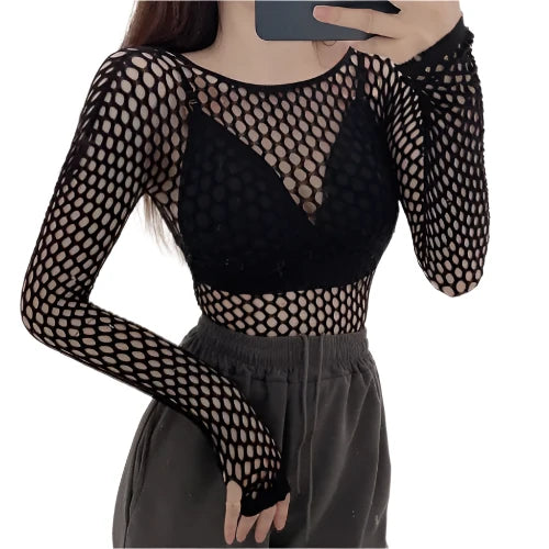 TEEK - Black Skinny Mesh Long Sleeve Turtleneck Top TOPS theteekdotcom Low Collar Fits Most