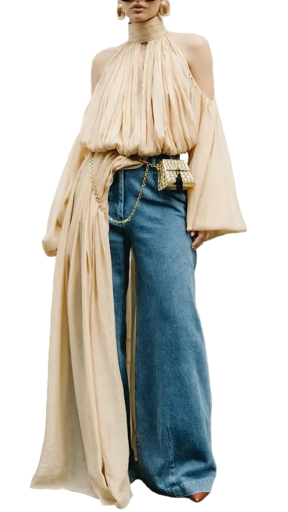 TEEK - Off The Single Shoulder vTurtleneck Ruched Oversized Sleeve Blouse TOPS theteekdotcom