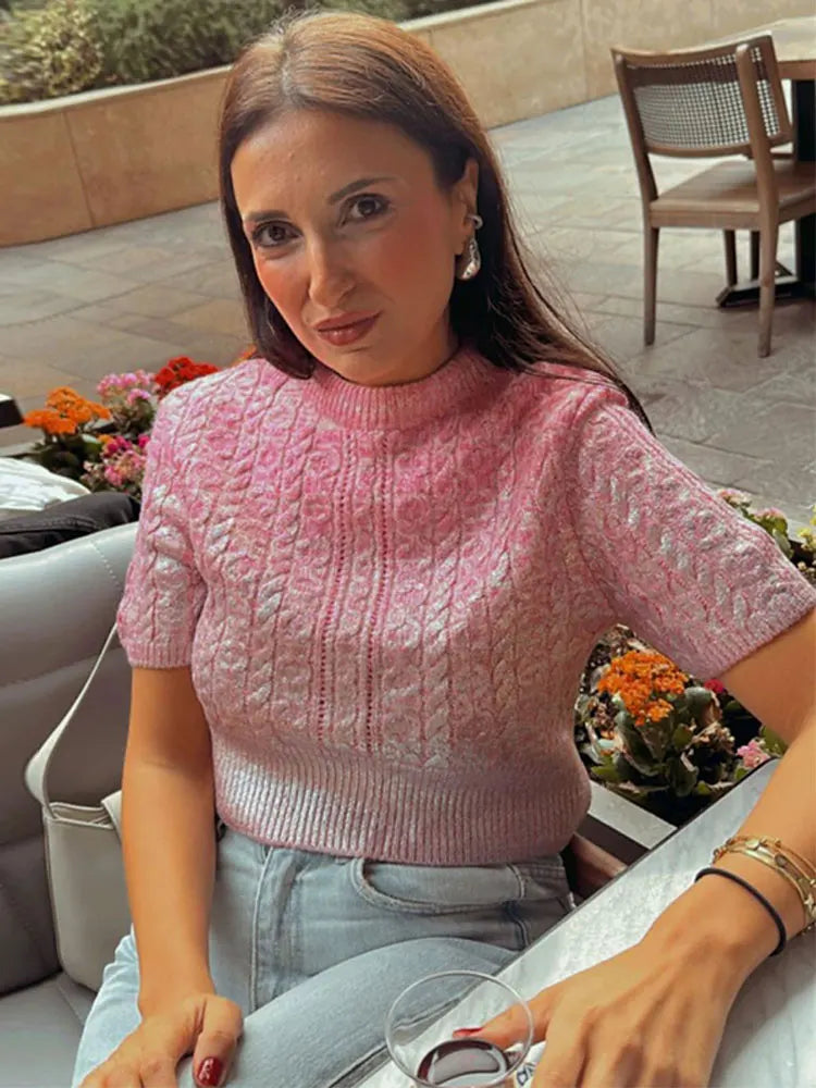 TEEK - Metallic Color Silk Knit Pullover Top TOPS theteekdotcom pink S 