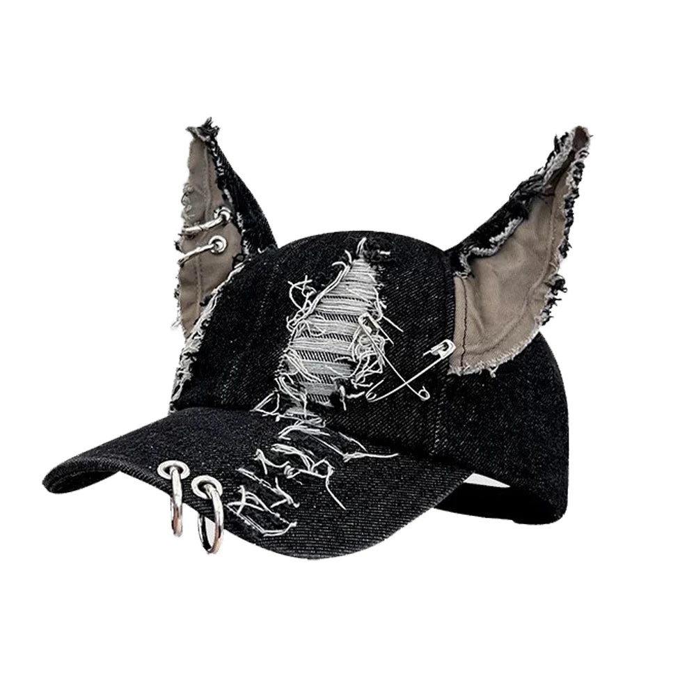 TEEK - Goth Denim Ripped Baseball Cap HAT theteekdotcom M Cat One Size