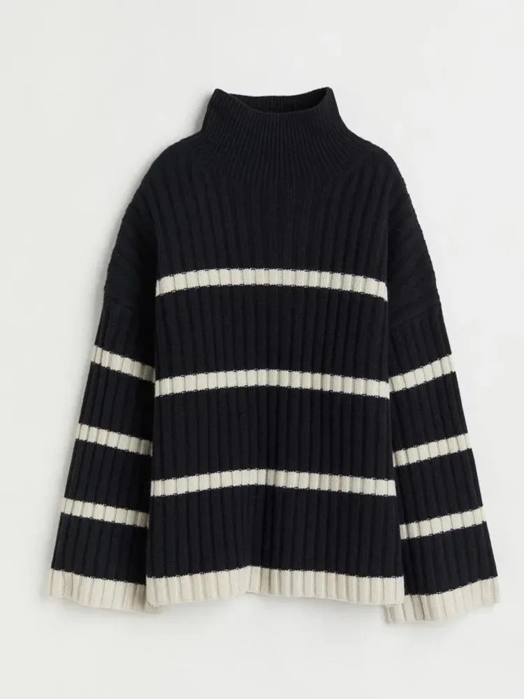TEEK - Stripe Knit Contrast Turtleneck Sweater TOPS theteekdotcom   