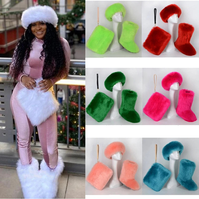 TEEK - Faux Fox Fur Snow Boots Velvet Headband Handbag Set SET theteekdotcom   