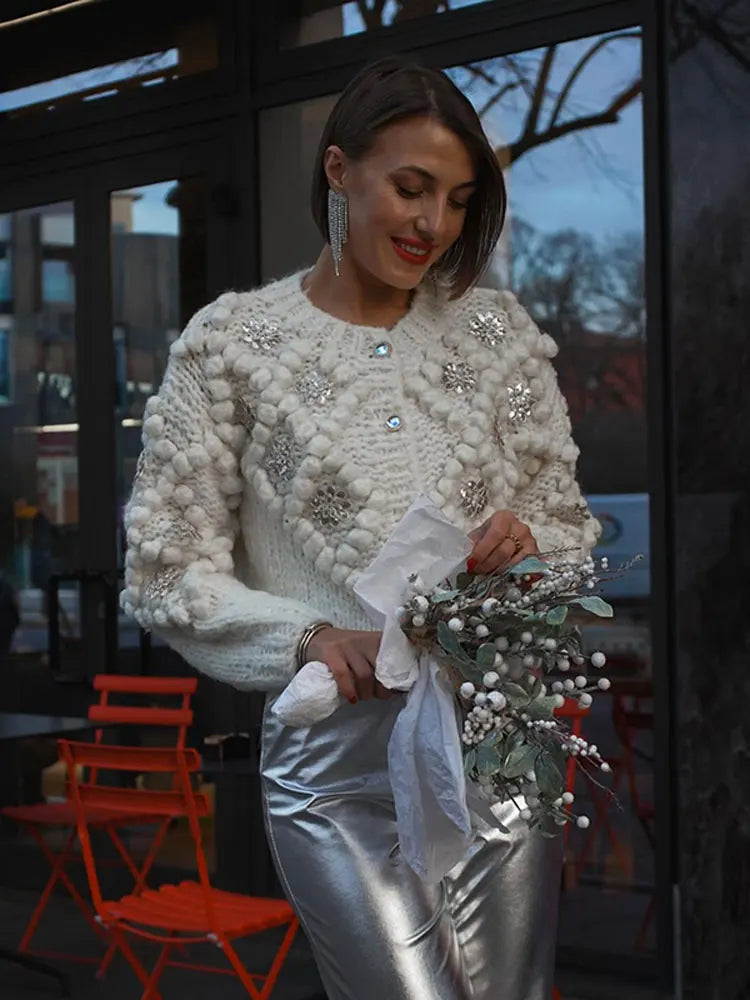 TEEK - White Sequin Knitted 3D Ball White Cardigan SWEATER theteekdotcom   