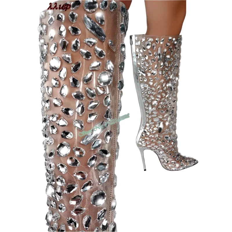 TEEK - Rhinestone Silver Knee-High Boots SHOES theteekdotcom