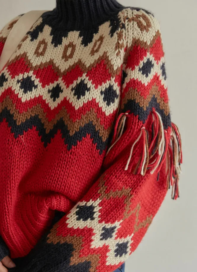 TEEK - Vintage Red Jacquard Fringe Knit Sweaters TOPS theteekdotcom   