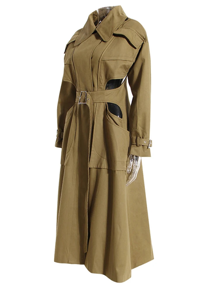 TEEK - Army Green Peep Waist Long Trench Coat COAT theteekdotcom   