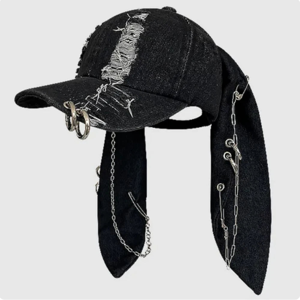 TEEK - Goth Denim Ripped Baseball Cap HAT theteekdotcom A rabbit One Size