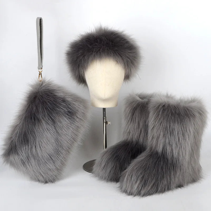 TEEK - Faux Fox Fur Snow Boots Velvet Headband Handbag Set SET theteekdotcom Grey 7.5 