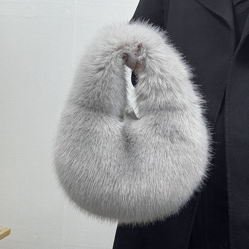 TEEK - Soft Plush Fluff Half Moon Handbag BAG theteekdotcom Grey  