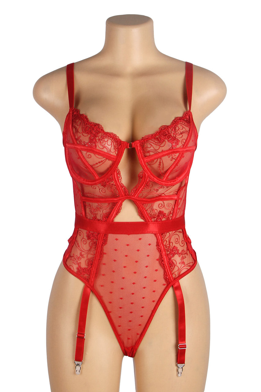 TEEK - Embroidered Lace Cut Lingerie Teddy LINGERIE TEEK 3W Red Small