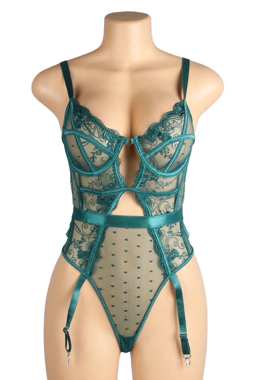 TEEK - Embroidered Lace Cut Lingerie Teddy LINGERIE TEEK 3W Green Small
