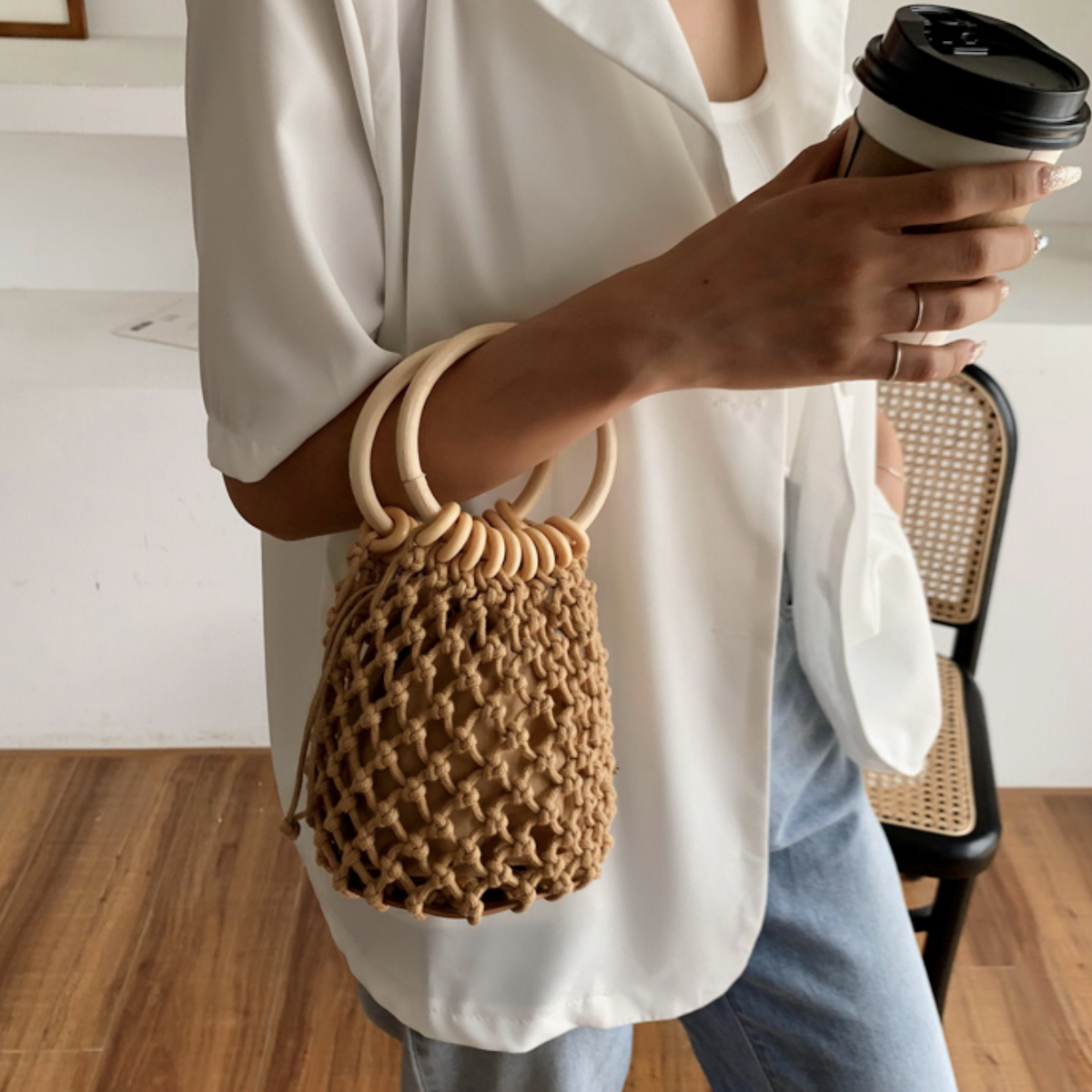 TEEK - Cotton Rope Crochet Bag With Ratten Ring Handle BAG TEEK ONE Brown