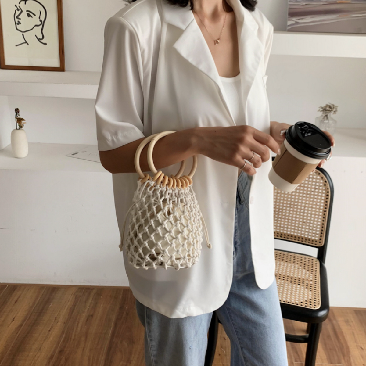 TEEK - Cotton Rope Crochet Bag With Ratten Ring Handle BAG TEEK ONE