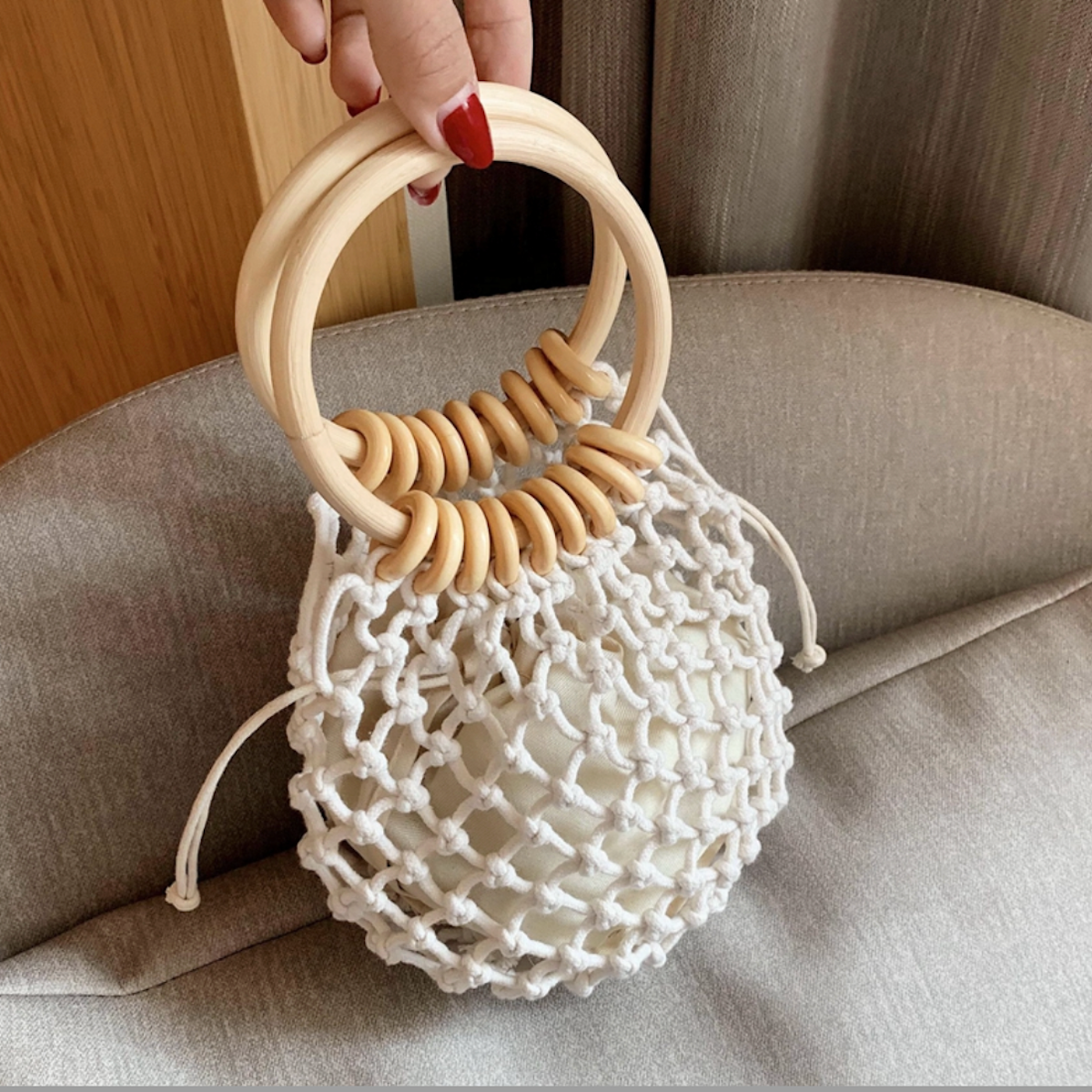 TEEK - Cotton Rope Crochet Bag With Ratten Ring Handle BAG TEEK ONE Off White