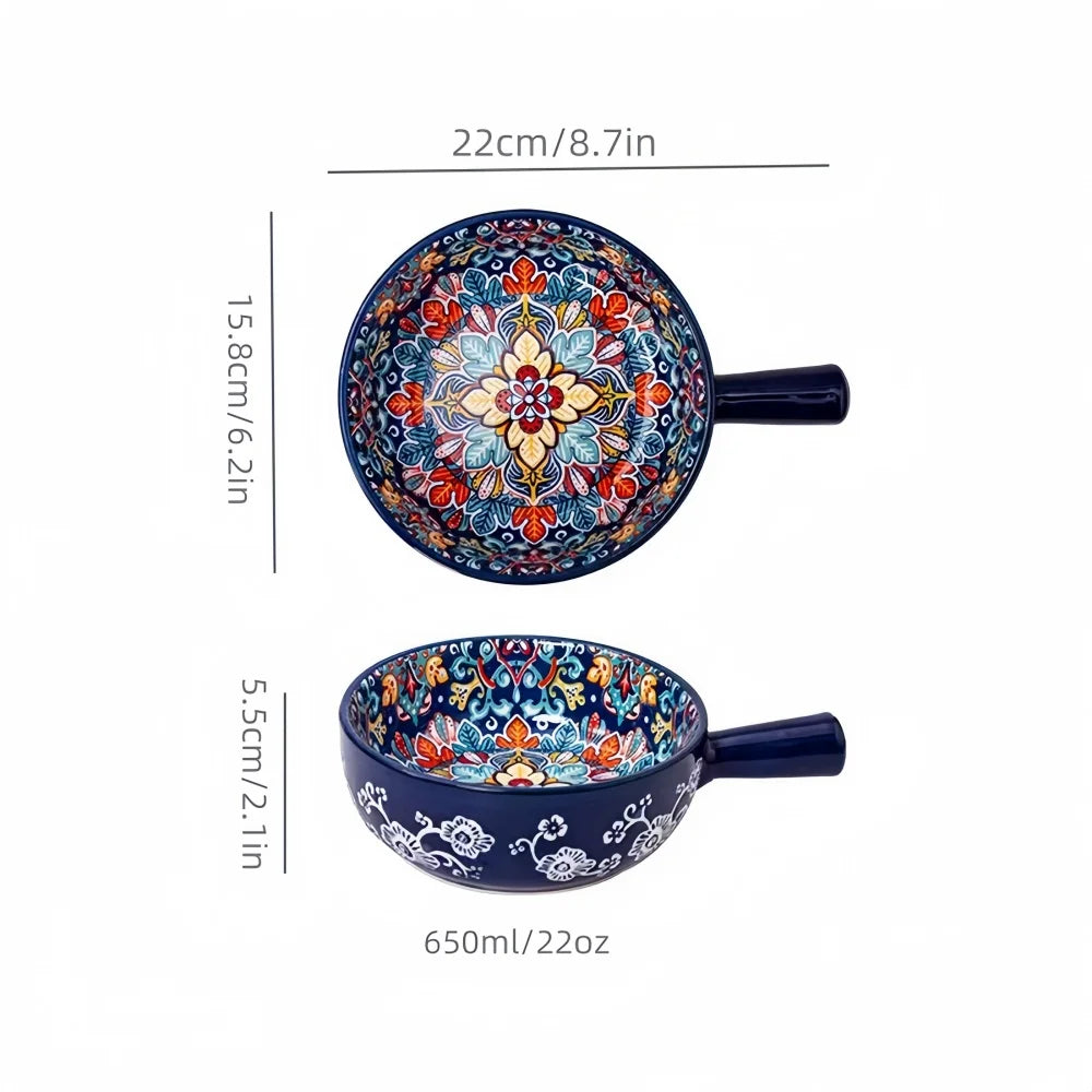 Bohemian Ceramic Hand-Painted Embossed Patterned Salad Bowl with Handle Kitchen Bakeware Microwave & Oven Safe 1 pc TEEK Blue 6.2