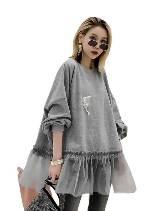 TEEK - Patchwork Mesh Pleated Sweatshirt TOPS theteekdotcom