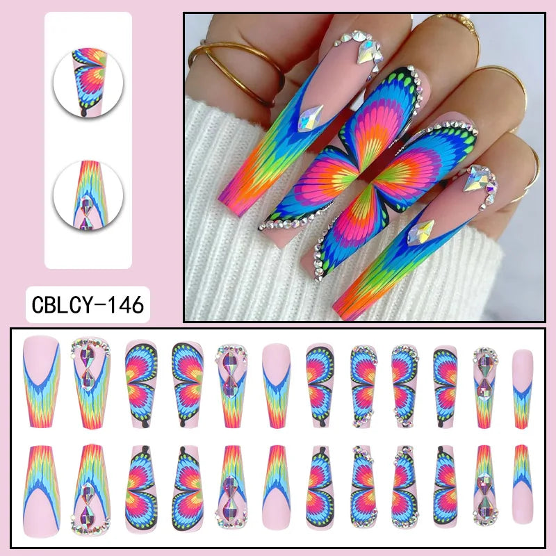 TEEK - 24PC Long Coffin Frosted Rainbow Butterfly Fake Nails NAIL ART theteekdotcom CBLCY-146  