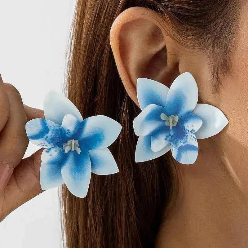 Bohemian Colorful Polyester Large Flowers Earrings for Women Girls New Trendy Vintage Vacation Stud Earrings Jewelry Accessories TEEK