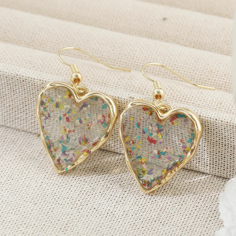 Cute Heart Shaped Earrings For Women Dried Flower Transparent Resin Drop Earring Romantic Jewelry Anniversary Valentines Gift TEEK