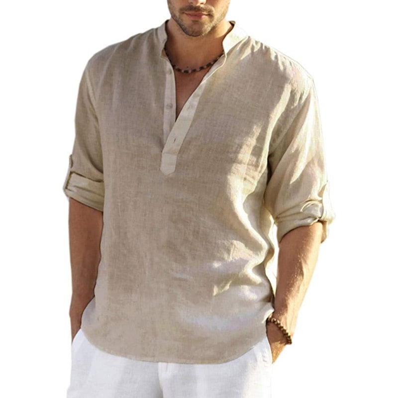 TEEK - Linen Long Sleeve Solid Loose Shirt TOPS theteekdotcom khaki US XXS | Label S 