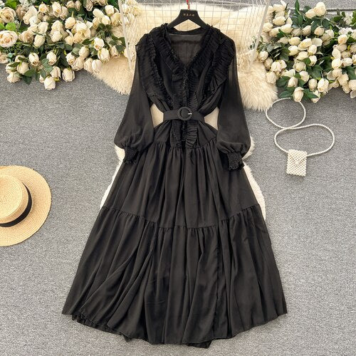 TEEK - Ruffle Vintage Lantern Sleeve Dress DRESS theteekdotcom Black One Size 