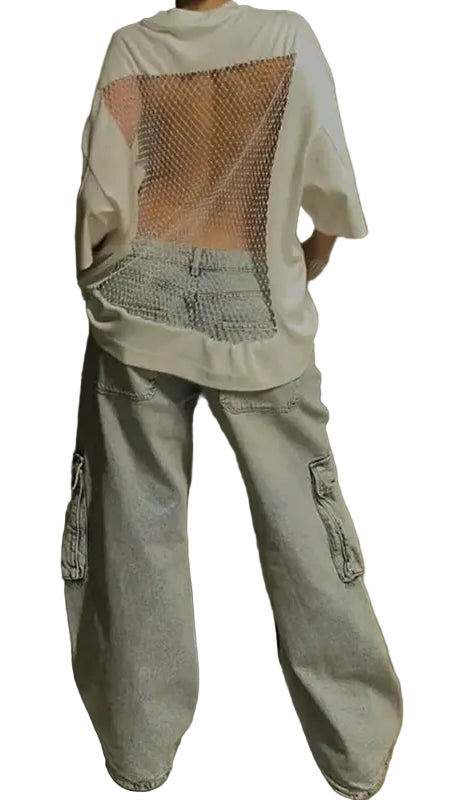 TEEK - Oversized Ribbed Crew Neck Half Sleeve Back Fishnet Back Top