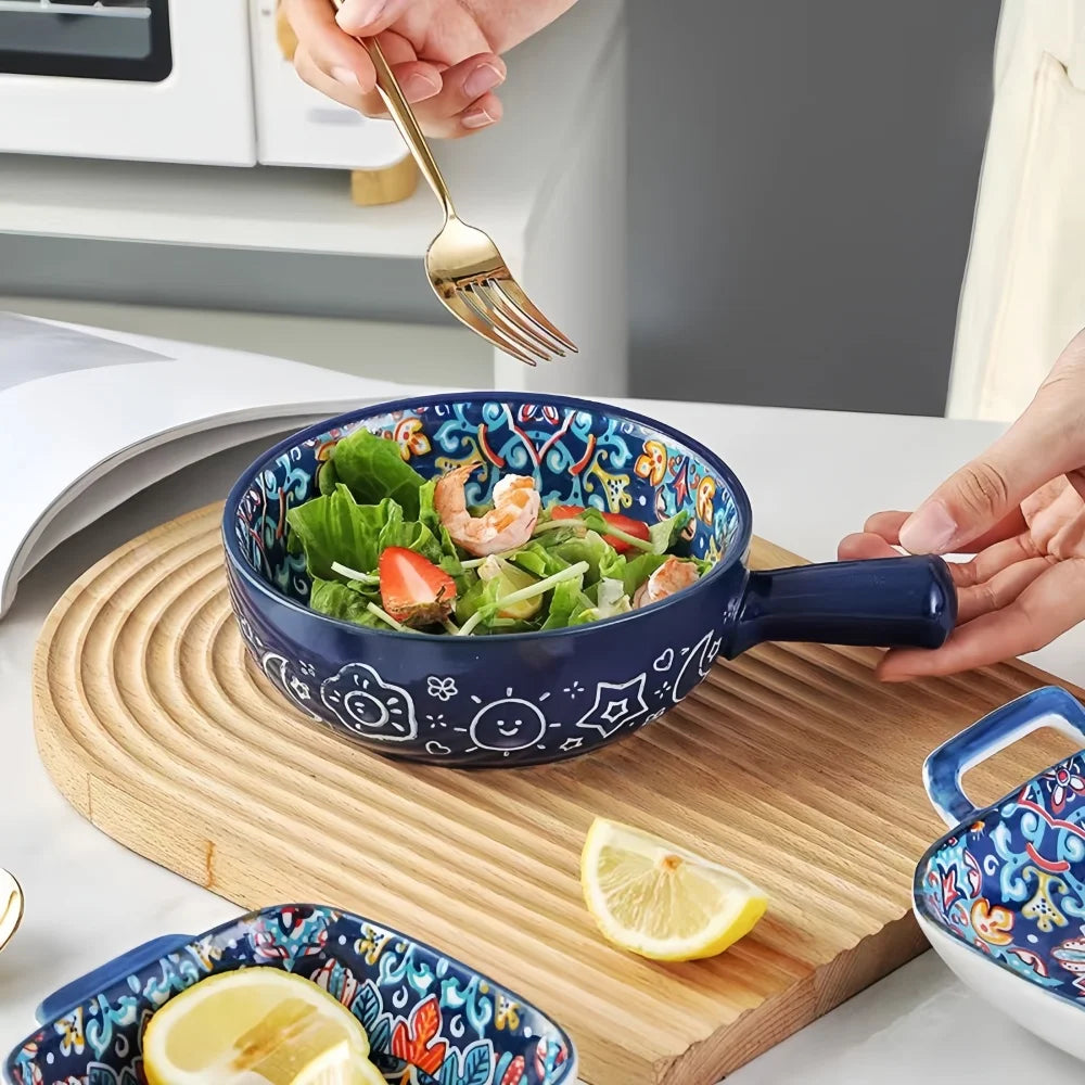 Bohemian Ceramic Hand-Painted Embossed Patterned Salad Bowl with Handle Kitchen Bakeware Microwave & Oven Safe 1 pc TEEK