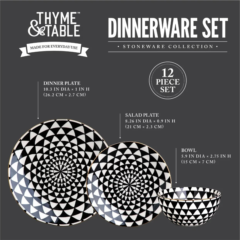TEEK - Black & White Medallion Stoneware 12 Piece Dinnerware Sets HOME DECOR theteekdotcom   