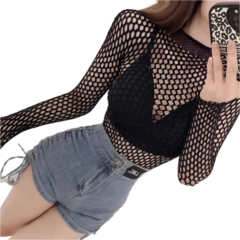 TEEK - Black Skinny Mesh Long Sleeve Turtleneck Top TOPS theteekdotcom