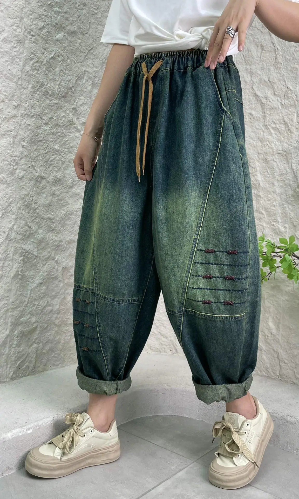 TEEK - Womens Minimalist Distressed Elastic Waist Denim Trousers PANTS theteekdotcom M  