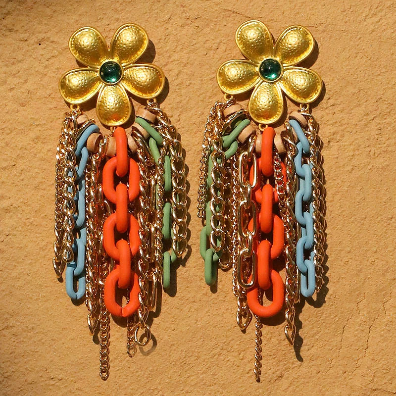 TEEK - Long Flower Light Yellow Gold Chain Earrings JEWELRY theteekdotcom