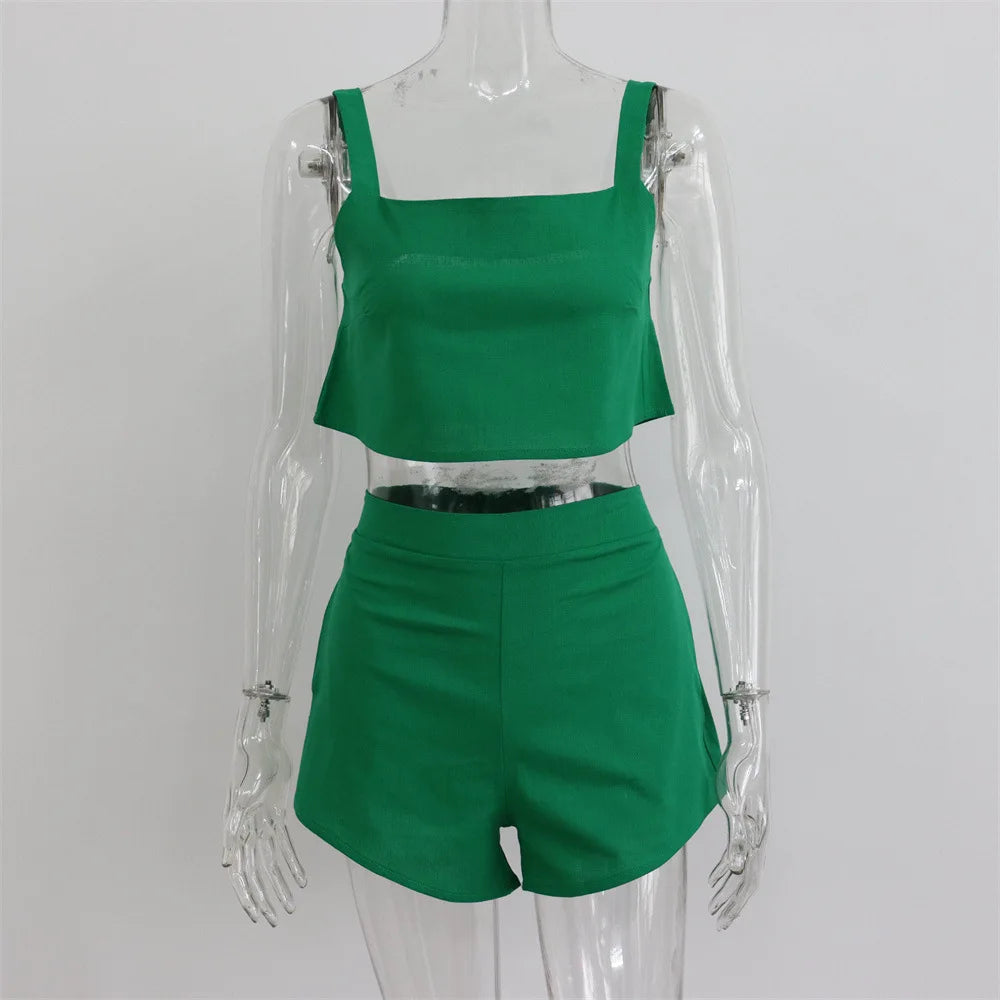 TEEK - Square Collar Tank Vest Shorts Set SET theteekdotcom green S 