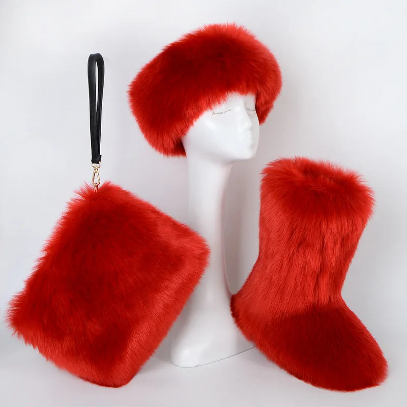 TEEK - Faux Fox Fur Snow Boots Velvet Headband Handbag Set SET theteekdotcom Red 7.5 