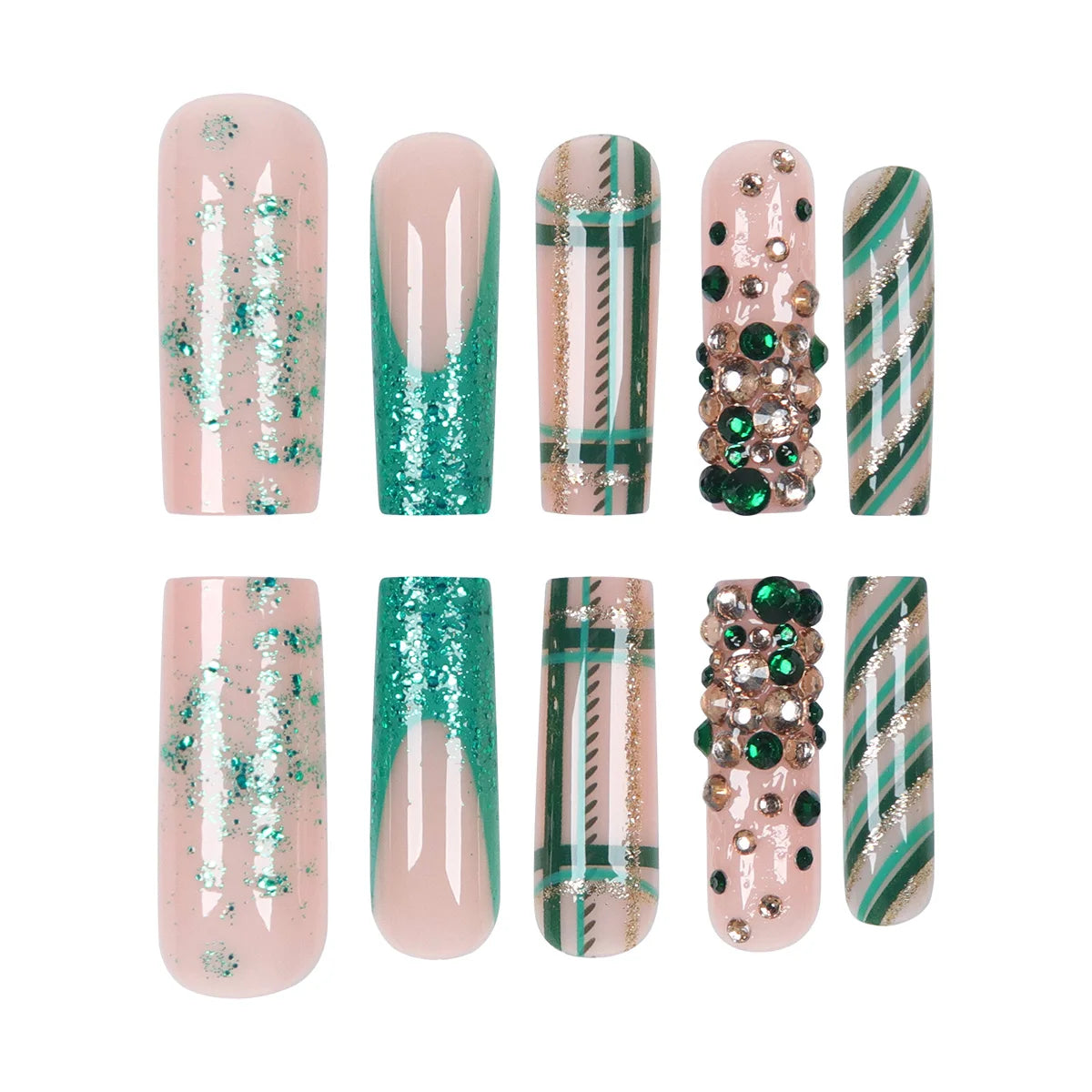 TEEK - 24 Long Coffin Green Plaid Diamond Press-On Nails NAIL ART theteekdotcom   