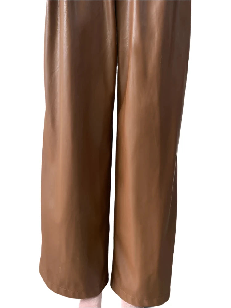 TEEK - Coffee Waterproof Brown Soft Pu Straight Pants PANTS theteekdotcom   