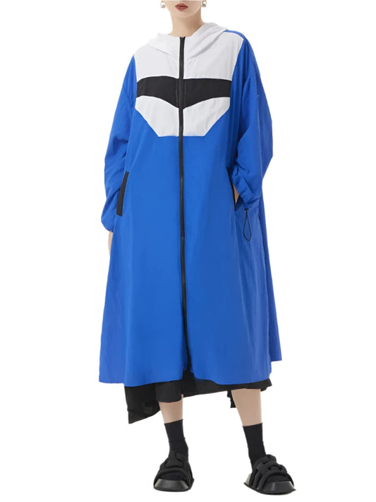 TEEK - Blue Color-Block Long Trench Hooded Windbreaker COAT theteekdotcom Blue One Size 