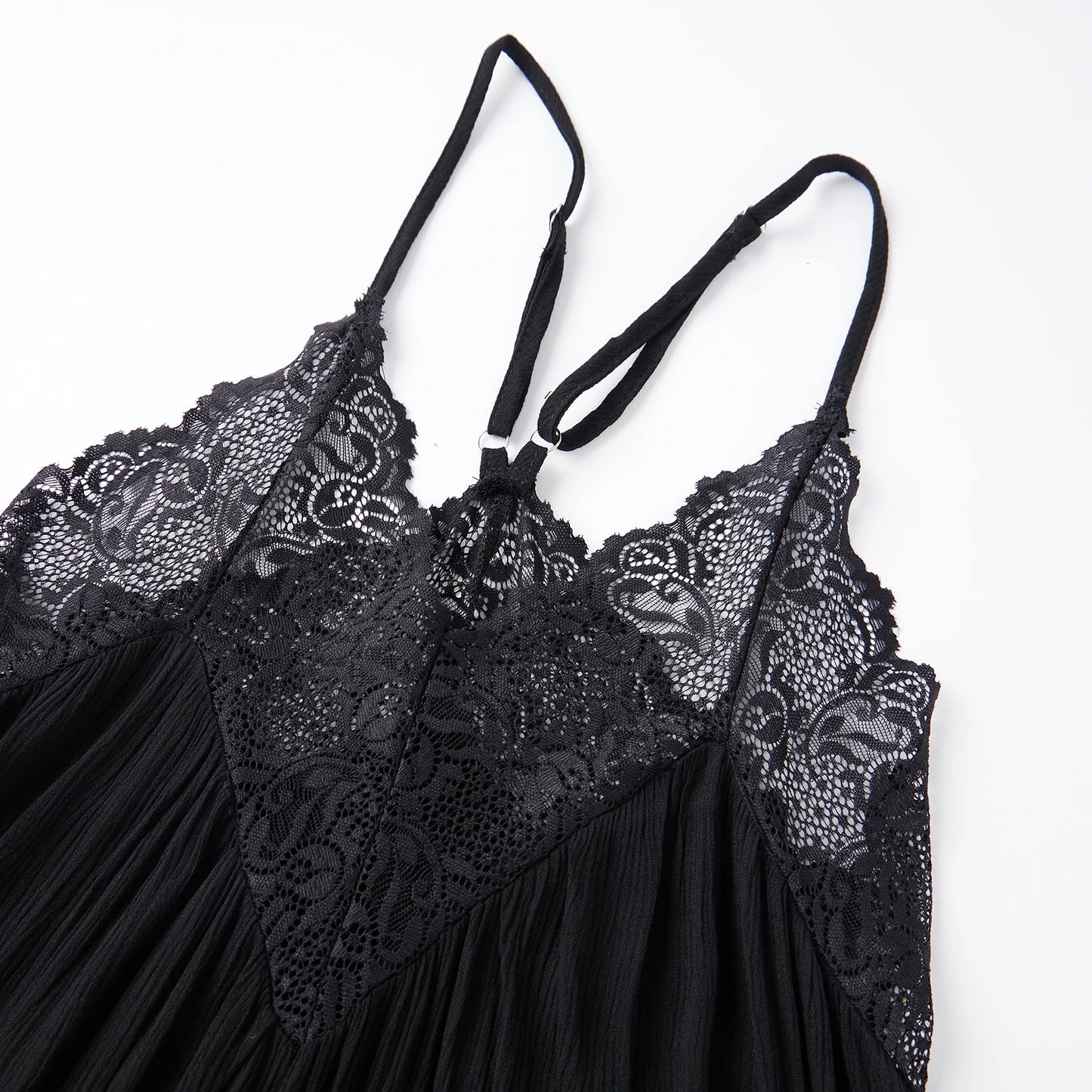 Women Floral Lace Trim Patchwork Cami Nightgwns Deep V Neck Y2k Spaghetti Strap Backless Mini Pajama Dress Sleepwear TEEK