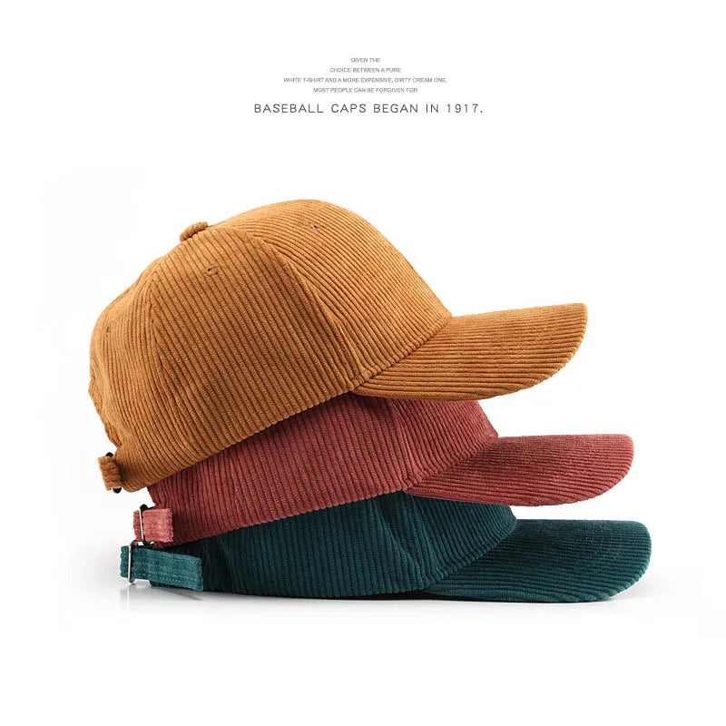 Spring Autumn Corduroy Baseball Caps 100% Cotton Solid Vintage Unisex Baseball Hat for Women Men Adjustable Outdoor Hip Hop Hats TEEK