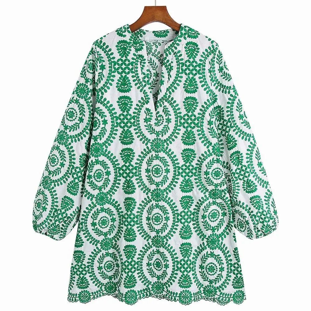 TEEK - Emma Embroidery Long Sleeve Above Knee Dress DRESS theteekdotcom Green S 