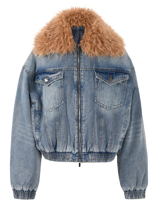 TEEK - Blue Denim Cotton Padded Fluff Lapel Jacket JACKET theteekdotcom M  